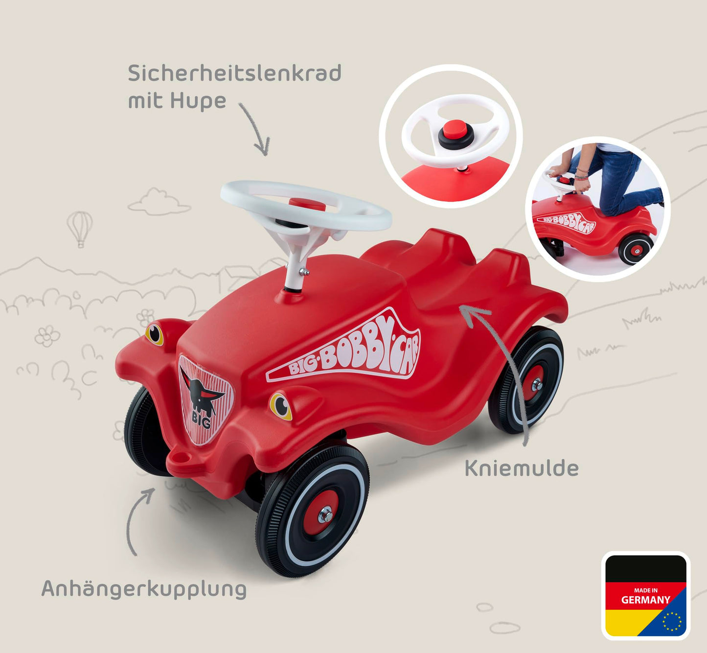 BIG-Bobby-Car Classic - children's vehicle for boys and girls, classic slide car can hold up to 50 kg, for children aged 1 year and older, red