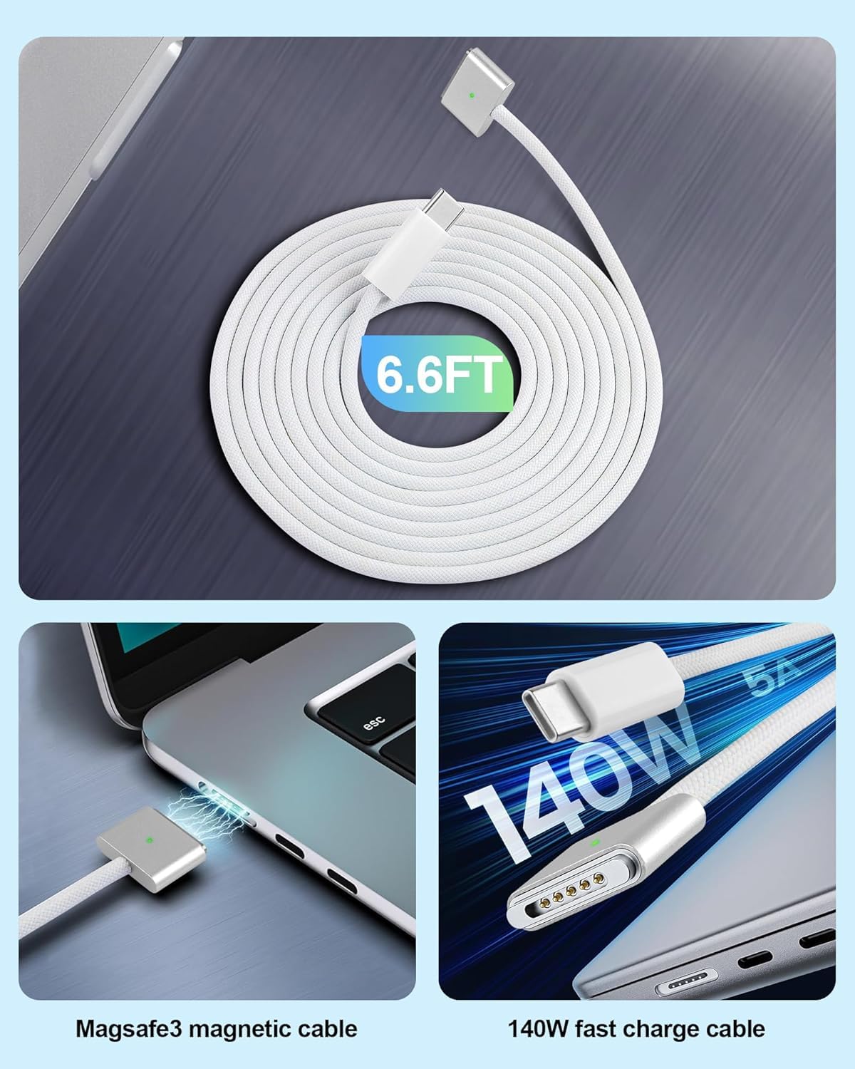 140W USB-C to magnetic 3 cable, Type C to magnetic 3 charging cable for magnetic 3 140/100/65W PD fast charging PVC for tablet (6.6ft)