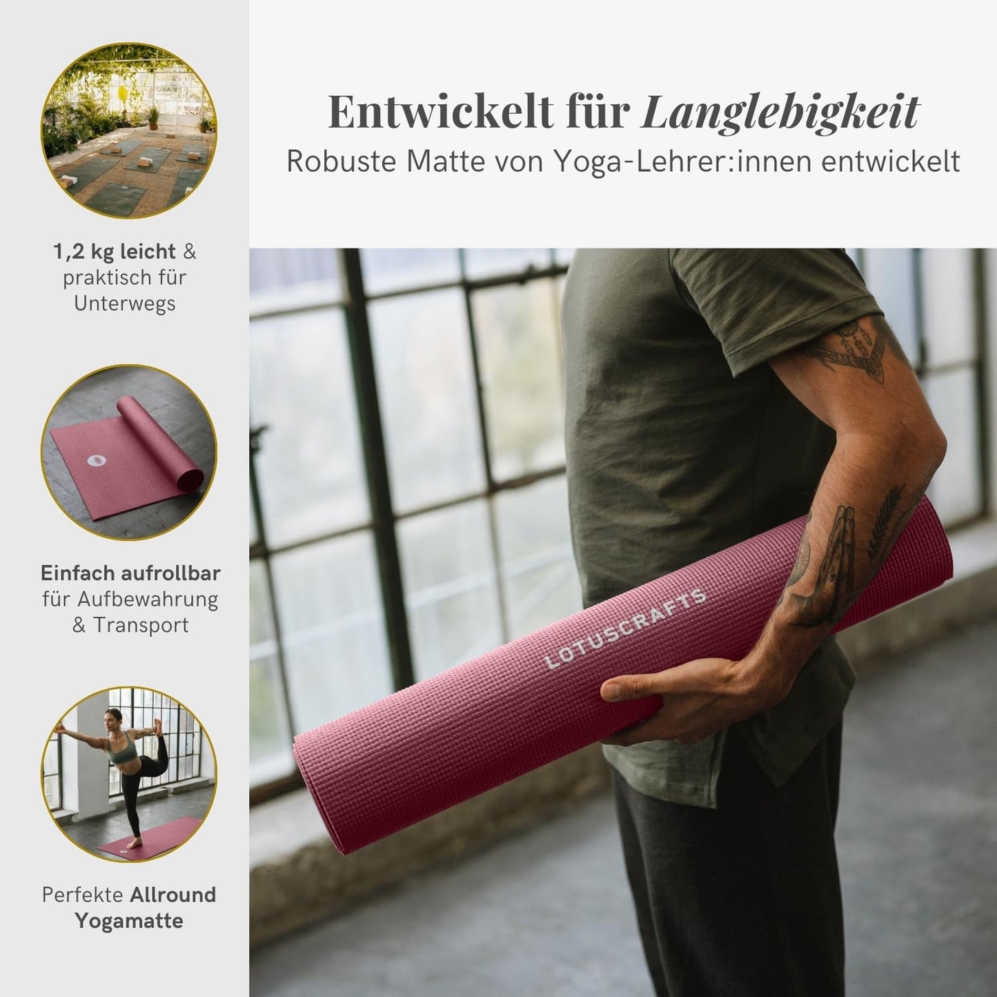 LOTUSCRAFTS® Yoga Mat Standard or XL, versatile for use as a yoga mat, exercise mat, gymnastics mat, fitness mat, non-slip yoga mat, sports mat, training mat, yoga mats, Pilates mat.