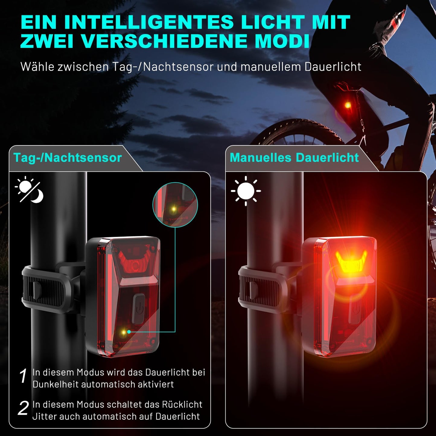 TECHCYC bicycle light set with light sensor, up to 70 lux LED bike lamp, StVZO approved bike lighting, USB rechargeable bike lamp, IPX6, 2500 mAh front bike lights & 300 mAh rear light.