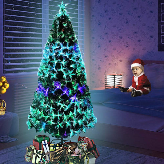 Artificial Christmas trees 150CM Fiberglass Christmas tree with pine needles LED lighting for Christmas decoration at home and in the office (160 LEDs, colorful pine needles)