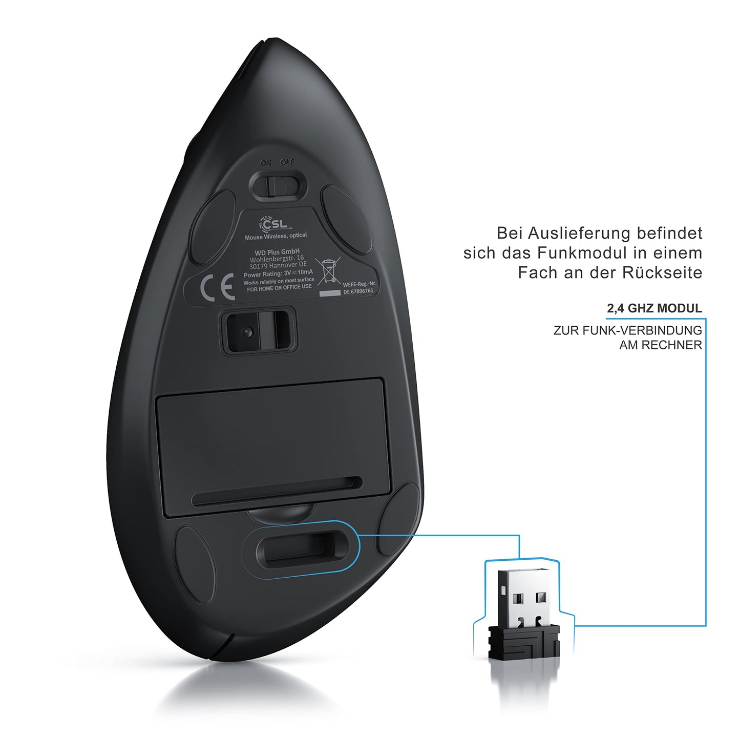 CSL - Optical wireless mouse - vertical design - ergonomic - prevents mouse arm and tennis elbow - gentle on the arm - 5 buttons