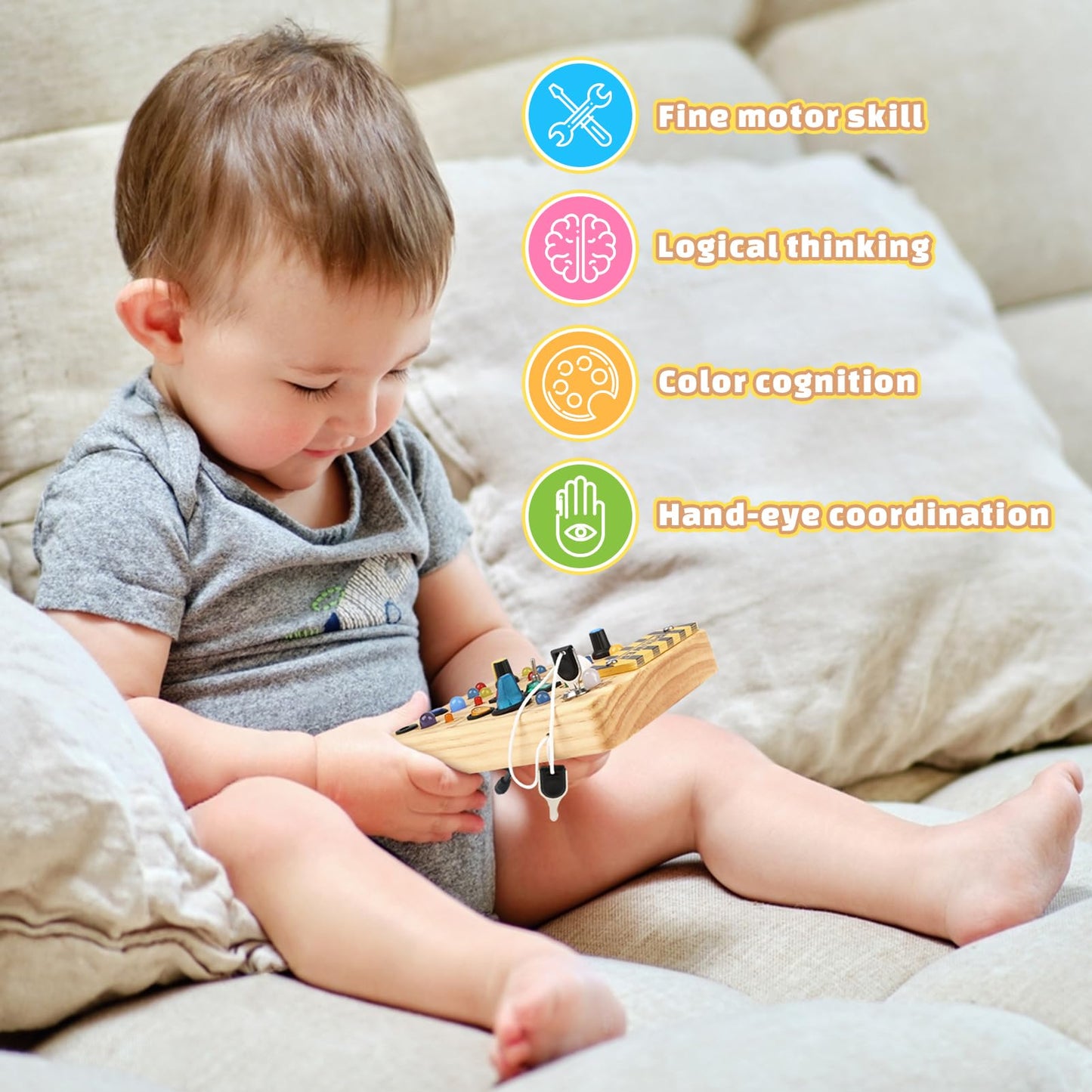 Baby Montessori Busy Board for 2 years and up, motor skills toy with 19 LEDs, activity board wooden toy educational sensory toy, gift for boys and girls aged 2, 3, 4 years.