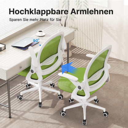 Naspaluro office chair, ergonomic desk chair with breathable mesh backrest, foldable armrests, adjustable height, computer chair, lightweight chair, 360° swivel chair, green.
