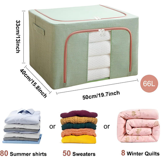 Mehrido Foldable Clothes Storage with Zipper, Metal Frame - 2 pcs 66L Stackable Clothes Bins - Storage Bag for Clothing Bedding Blankets Comforters (50x40x33 cm) (green)
