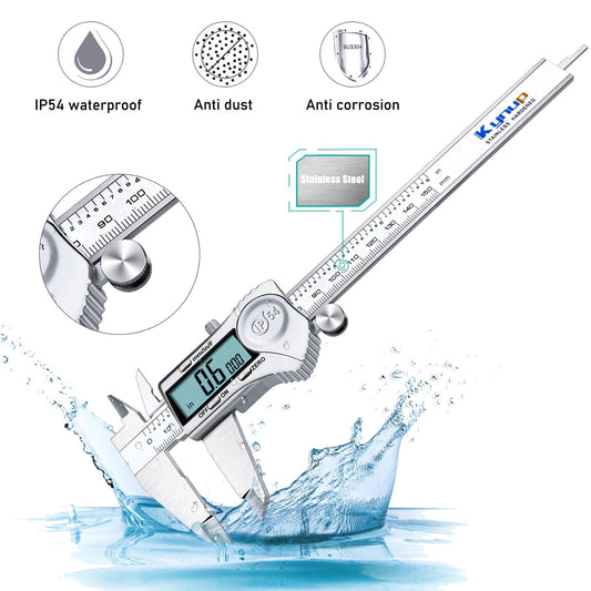 Kynup Digital Caliper, Measuring Tool 150mm Stainless Steel IP54 Waterproof Dustproof Protection Design, LCD Display for Household and Industrial Measurement Calibration