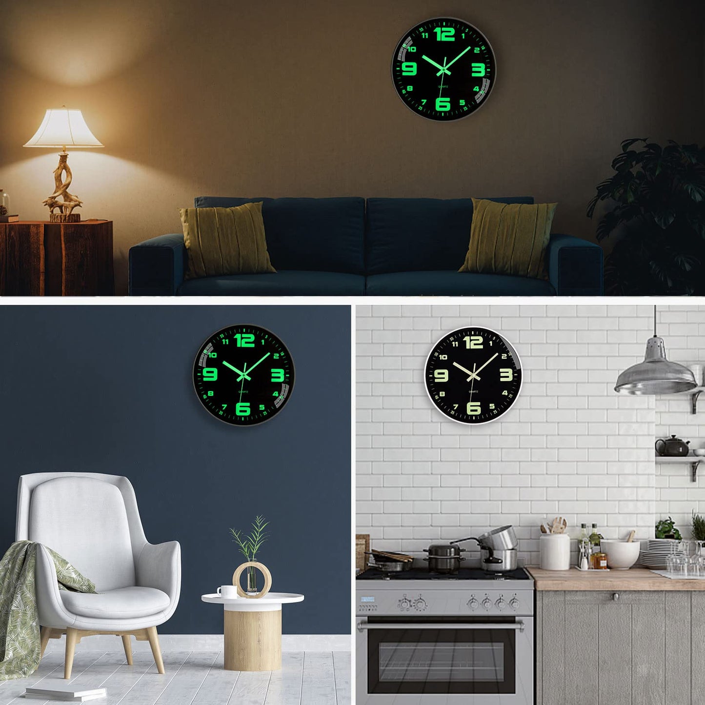 VIVILINEN luminous wall clock with large numbers, no ticking noise, quartz round clock, battery-operated, silent hanging clock for kitchen, home, office, living room, bedroom 12 inch
