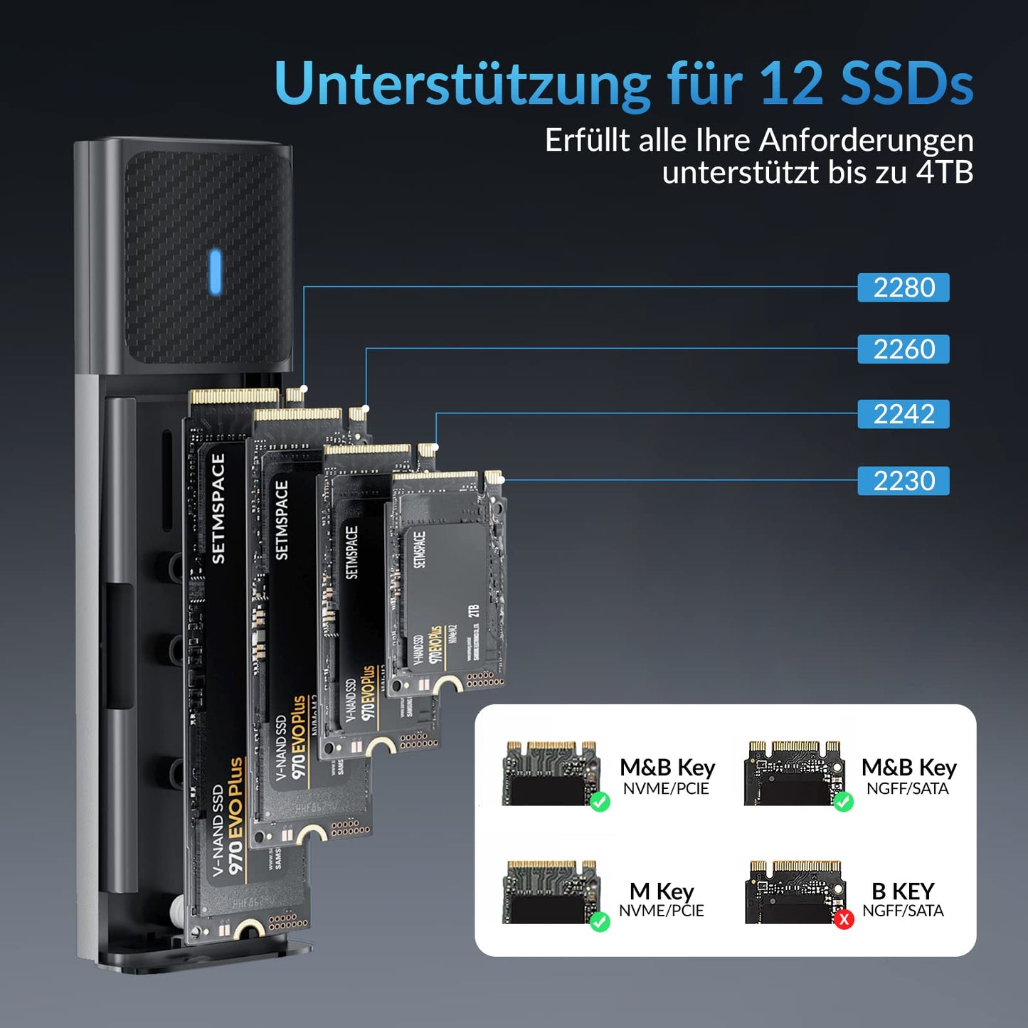 NVMe Enclosure [Tool-less], SETMSPACE M2 SSD Enclosure [NVMe & SATA], M.2 SSD Enclosure with 2-in-1 Cable, M2 USB Adapter for M-Key and B&M-Key, Aluminum Gray M2 SSD Case.