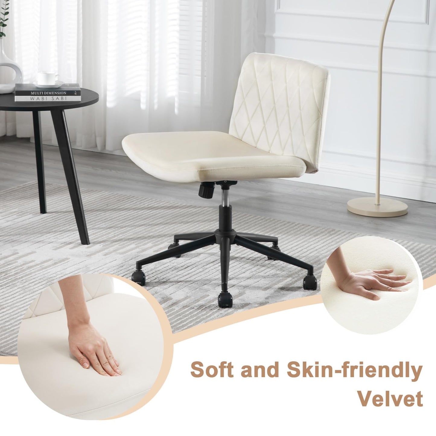 WOLTU office chair armless, desk chair wide seat, swivel chair height adjustable, ergonomic seat cross-legged, reading chair 150 kg capacity, velvet, Beige BS160cm.