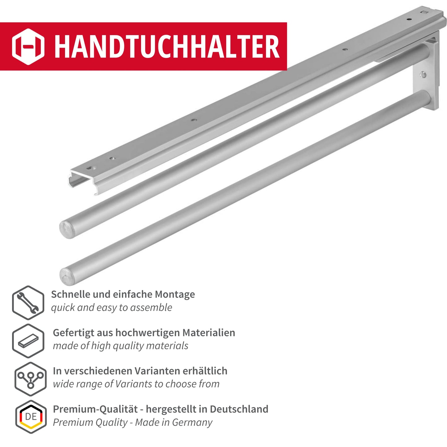 Gedotec Towel Holder | H6008 | 2-armed extendable towel pull-out | 1 piece | Dish towel holder length 465 mm in silver | Bathroom & kitchen cabinet towel rail swivel 90° | Made in Germany