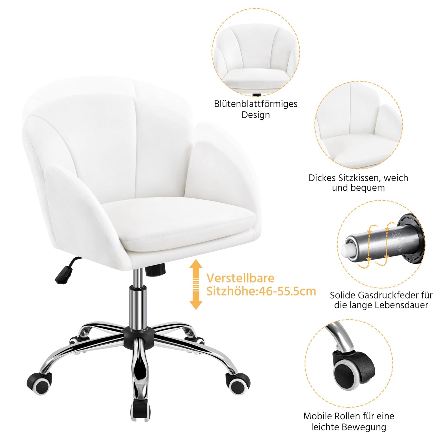 Yaheetech Home Office Chair Vanity Chair Desk Chair Height Adjustable Swivel Chair up to 136 kg Capacity, Velvet Chair with Armrests and Backrest for Bedroom Office Living Room, White