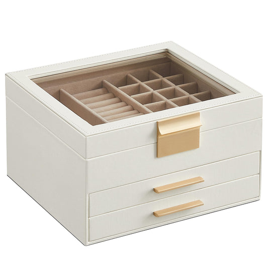 SONGMICS Jewelry box with 3 levels, glass lid, 2 drawers, ample storage, modern design, perfect gift for your loved ones, cloud white-gold JBC239WT.