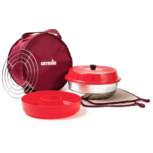 OMNIA oven kit with accessories - set includes camping oven, silicone mold, baking grid, bag, and pot holder, beige
