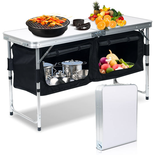 Jiubiaz Folding Camping Kitchen Aluminum Camping Table, Adjustable Height Camping Cabinet with Carrying Bag, Outdoor Camping Kitchen for Picnic