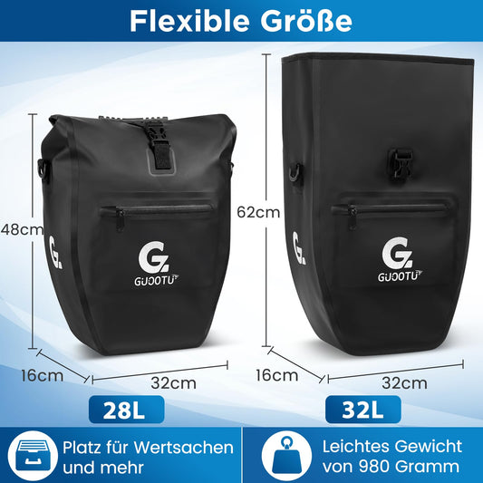 GUOOTU bike bag for rear carrier 32L, made of tarpaulin Rear luggage carrier bag with reflectors, with carrying handle and shoulder strap (Black 32L, Single)