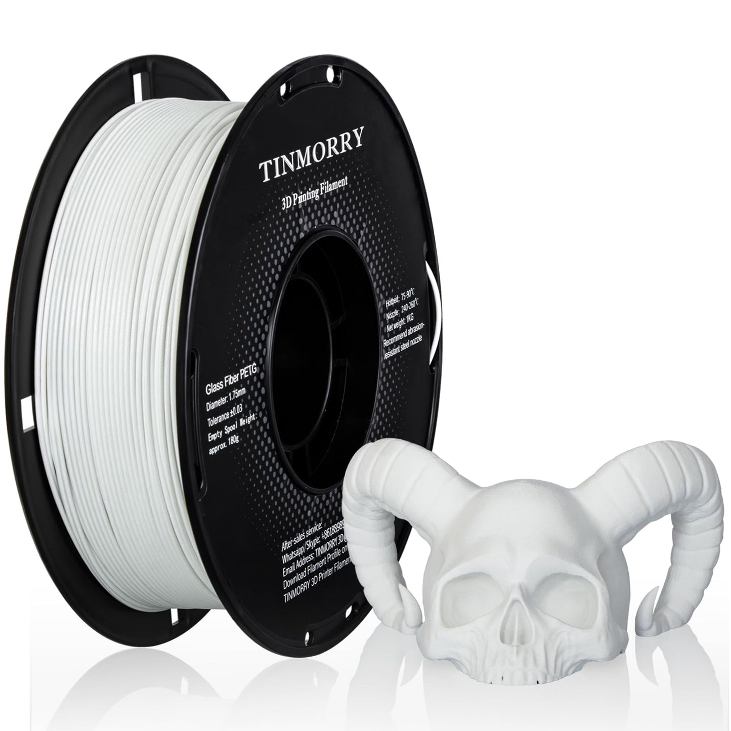 TINMORRY fiberglass-reinforced PETG filament 1.75mm, high impact resistance PETG GF 3D printing filament, durability & stiffness, suitable for most FDM 3D printers, 1 KG 1 coil, Frosted White