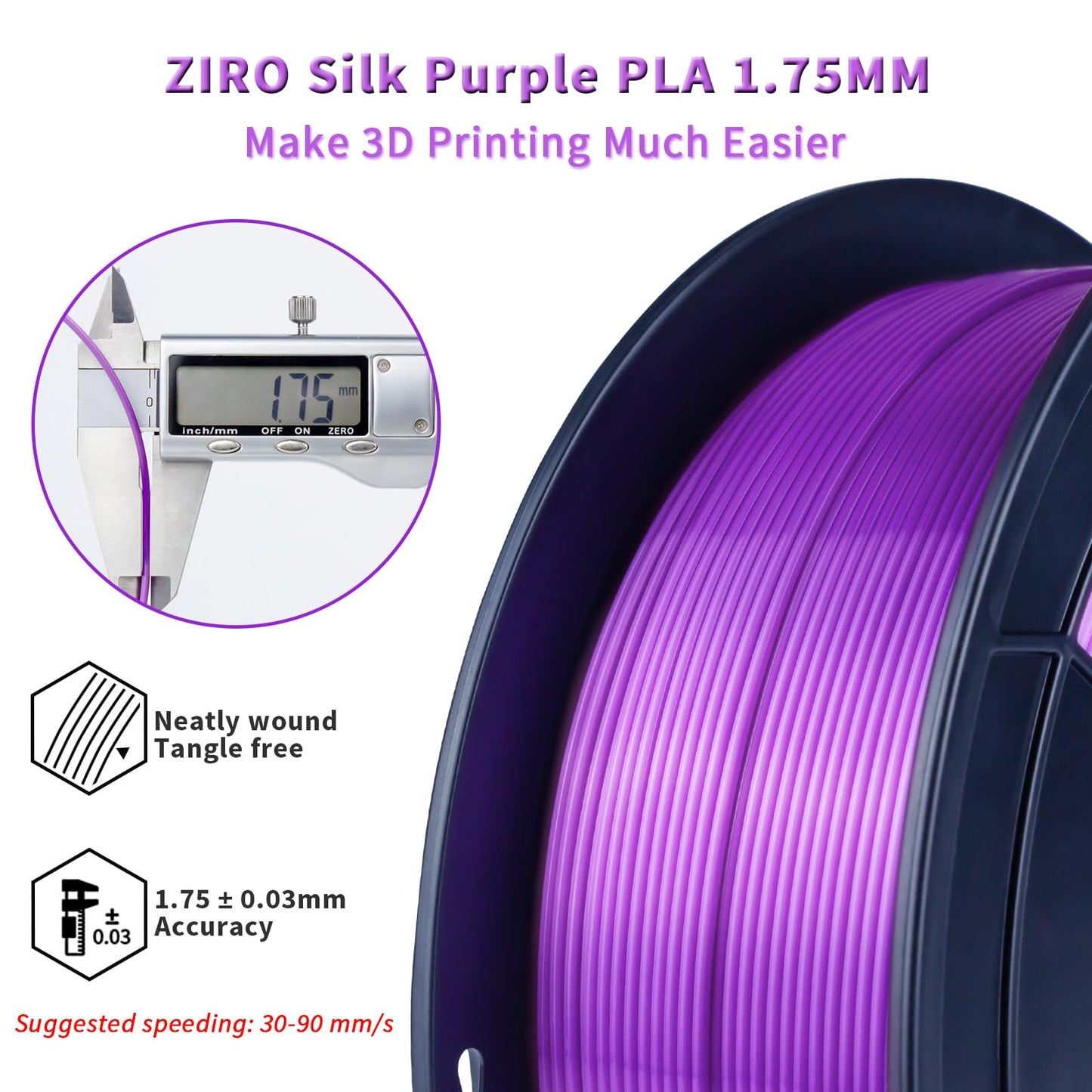 ZIRO Silk PLA 1.75mm Filament, 3D printer filament from the Silk PLA series 1.75mm 1kg, diameter tolerance at +/-0.03mm, Purple