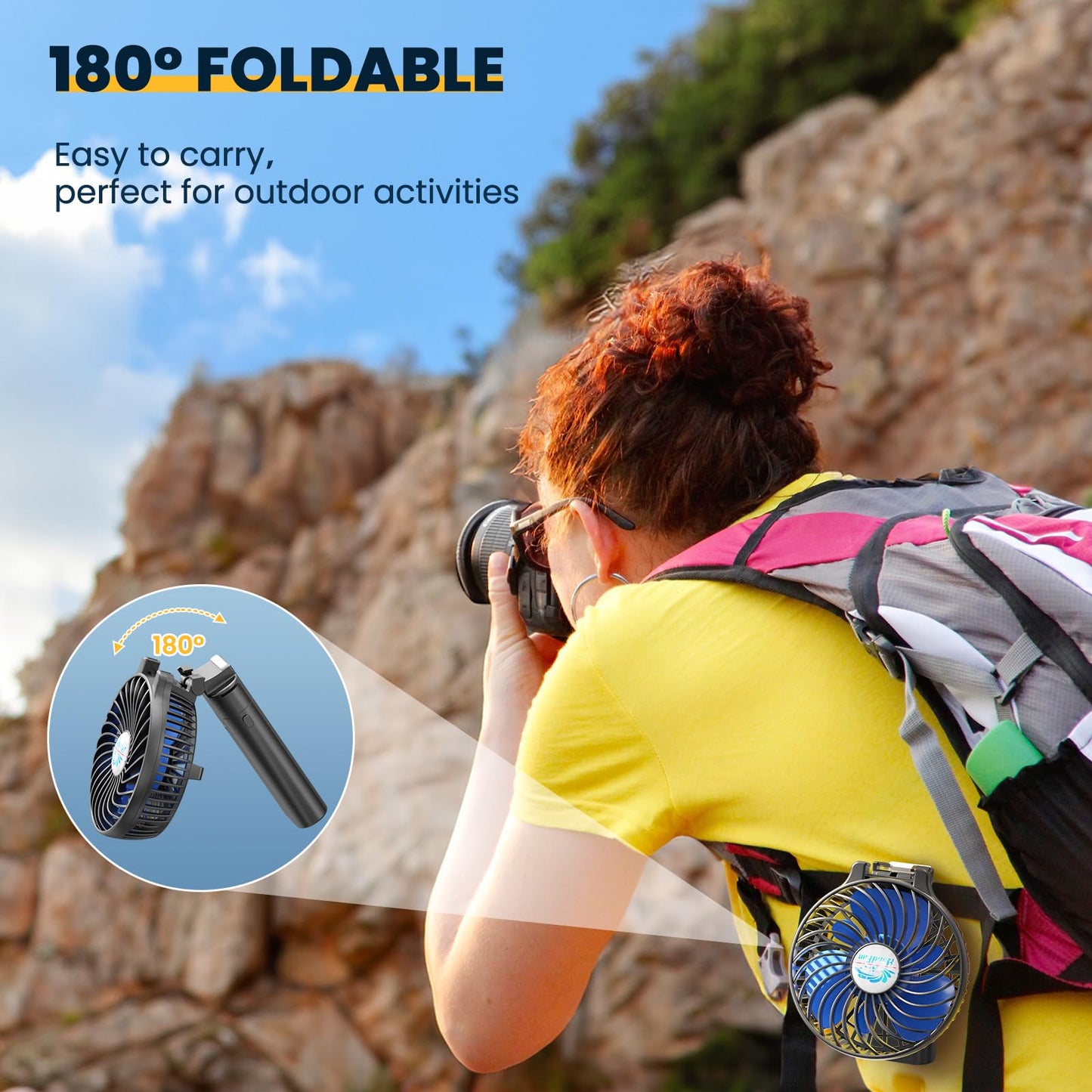 HandFan 5200mAh Battery Operated Handheld Fan Portable Hand Fan with Powerbank USB 180° Foldable Desktop Fan Personal 3 Speed Fan for Office Home Outdoor Camping Stroller