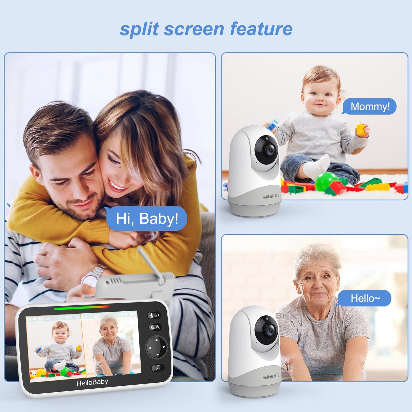 HelloBaby Video Baby Monitor, 5-inch split screen with dual cameras, remote control cameras with night vision and temperature monitoring, ECO mode, two-way talk.