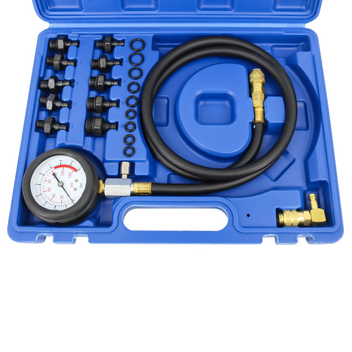FreeTec oil pressure gauge, 140 PSI 10 Bar engine cylinder oil pressure tester set, oil pressure gauge automotive tool for car truck tractor (blue)