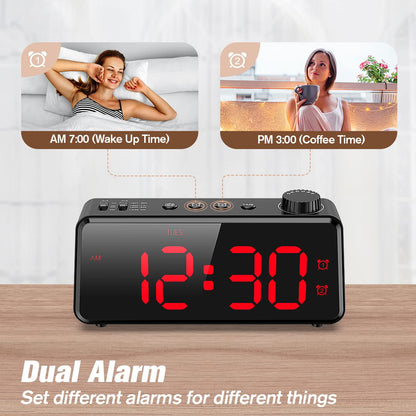 ANJANK Digital Alarm Clock with Radio | Dimmable LED Display | AC Powered with Battery Backup | Dual Alarm with Weekday or Weekend | USB Charging Port | Easy-to-read red numbers for seniors