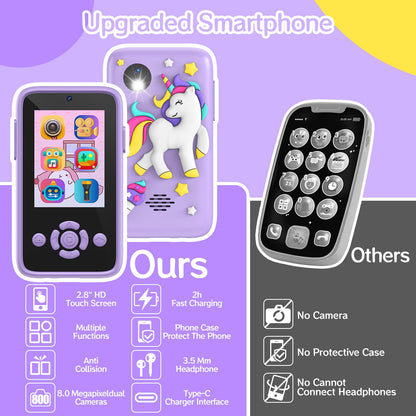 Children's mobile phone with music and games, 2.4" display kids camera with dual camera, 1080P HD kids phone with 32GB SD card, Christmas birthday unicorn gifts toy for 3-12 year old girls (purple)