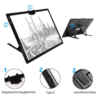 A3 light table with bag, wirelessly battery-operated light box. 3 colors dimmable and 6 brightness levels light board for tracing, rechargeable light pad for diamond painting, sketching.