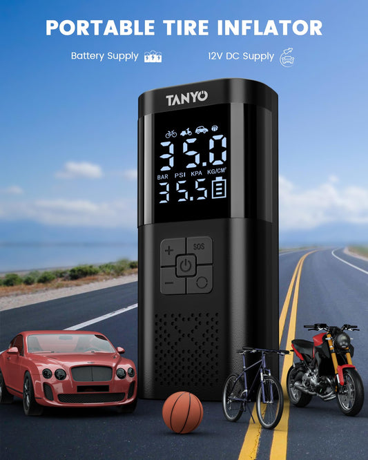 TANYO Electric Air Pump Bike Battery Compressor, 150PSI Mini Electric Bike Pump with Gauge, Portable Electric Air Pump with USB LED Light for Car, Bike, Motorcycle, Balls