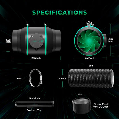 MARS HYDRO iFresh duct fan 150mm/6 - Grow fan with exhaust control, duct fan for grow tents, hydroponics & climate control.