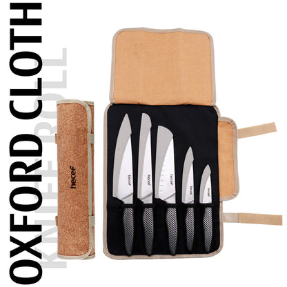 hecef 5-slot knife set with roll bag and knife sheath, vintage stonewashed stainless steel knife set with hollow handle, professional kitchen knife set for outdoor, camping