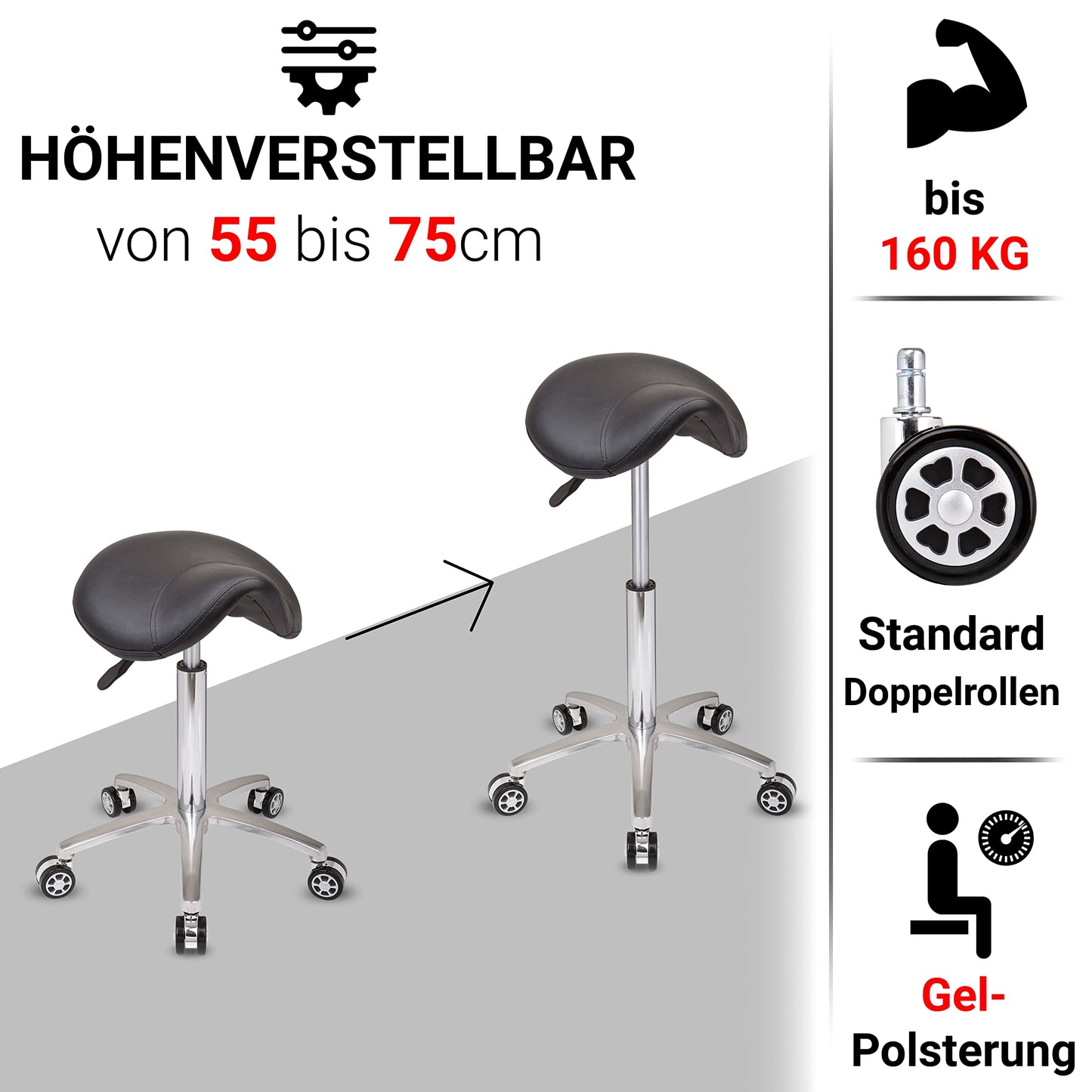 Staboos Rolling Stool up to 160 kg - Saddle Seat with Gel Cushion - Practice Stool with Wheels - Height-Adjustable Swivel Stool (55 cm to 75 cm) Saddle Stool