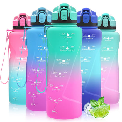 Coolfel sports water bottle with sizes of 2L, 1.5L, 1L, 700ml, and 500ml. Leak-proof, motivational water bottle with time markings. BPA-free Tritan bottle for girls, boys, school, gym.