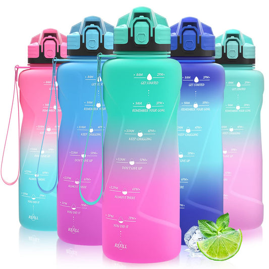 Coolfel sports water bottle with sizes of 2L, 1.5L, 1L, 700ml, and 500ml. Leak-proof, motivational water bottle with time markings. BPA-free Tritan bottle for girls, boys, school, gym.