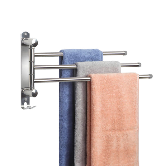 JSVER Stainless Steel Towel Rack 40CM, Towel Holder 180° Rotation with 3-Arm Swivel Arm Towel Bar with Hooks Space-saving for Bathroom, Kitchen, and Wardrobe - Silver.