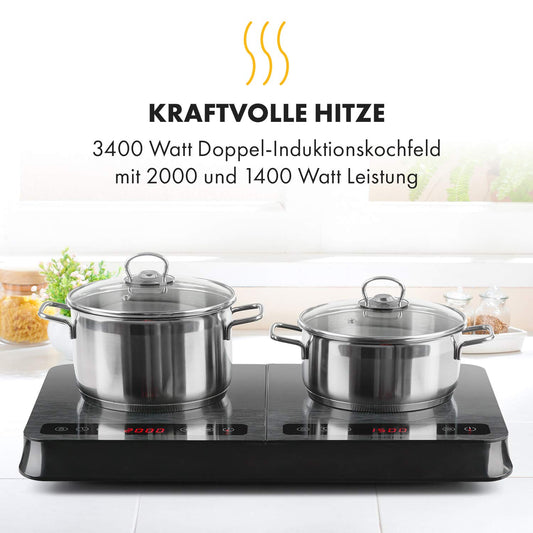Klarstein InnoChef - Double induction hob, portable hob, 3400 W, touch control, pot sensor, shutdown timer, 10 levels, overheating protection, child lock, ceramic glass, black/grey mottled