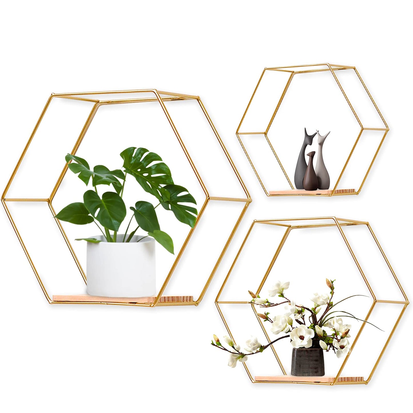 Hexagon wall shelf metal 3 piece set, gold decorative hanging shelf loft wall shelves, wall shelf for wall decor in living room, bedroom, bathroom, café, and hotel