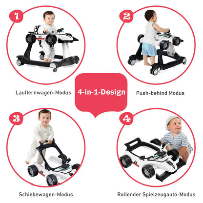 COSTWAY 4 in 1 Baby Walker, foldable with adjustable height & speed. Features music box, lights, and wheels. Suitable for babies from 6 months old, can hold up to 12kg. Color: White.