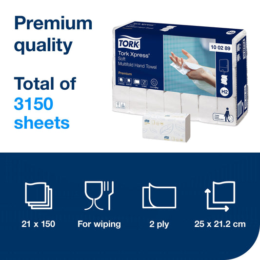 Tork Xpress soft Multifold Paper Towels 100289 - H2 Premium Folded Towels for Towel Dispenser - soft and absorbent, 2-ply, white - 21 x 150 sheets (Pack of 2)