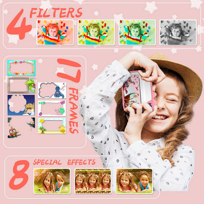 Children's camera, digital camera instant print camera 1080P 2.4 inch screen video camera black and white photo camera with 32GB memory card, 3 rolls of printing paper, 5 colored brush pens gift for children