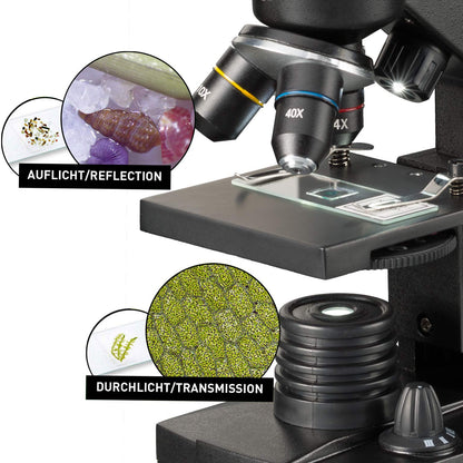 National Geographic 40-1280x microscope with incident/transmitted light illumination, smartphone holder, and extensive accessories for beginners in microscopy, black