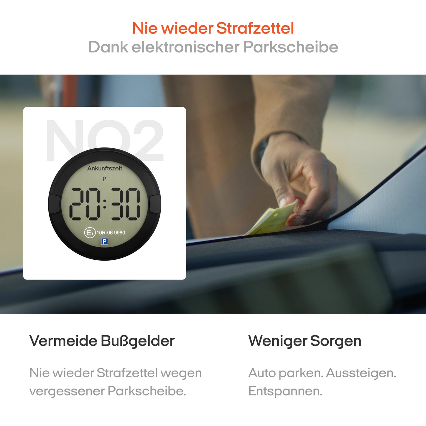 OOONO P-DISC NO2 - Electronic parking disc with approval for the car - Automatic digital parking disc electrically approved by the KBA according to the Road Traffic Act (StVO) - Electric parking clock approved for the car