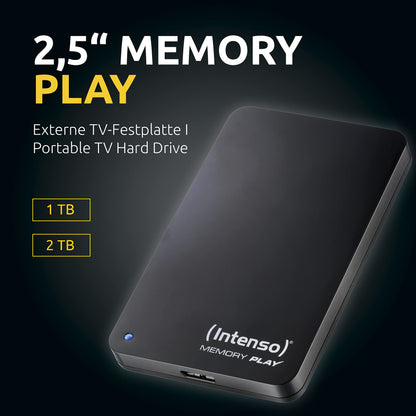 Intenso 6021460 Memory Play 1TB external TV hard drive (2.5 inches, 5400rpm, 8MB cache, USB 3.2 Gen 1x1) including TV mount in black.