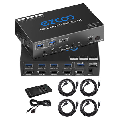 KVM Switch HDMI USB 3.0 4 Ports with Hotkey supports 4K 60Hz 18Gbps. Share 4 Computers with one Keyboard Mouse, HDR, D-olby Vision, HDCP2.2, and Remote Control.
