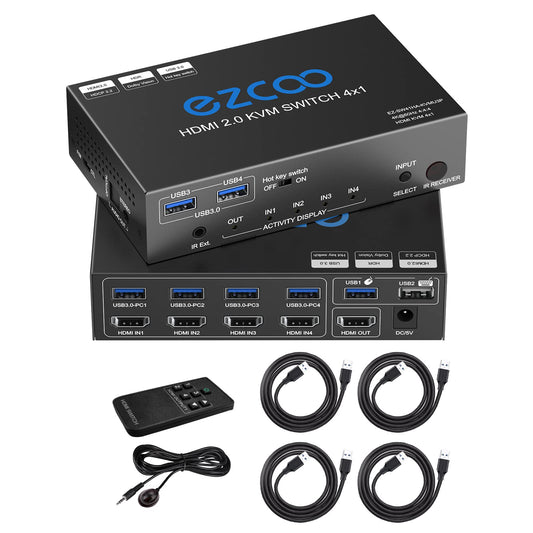 KVM Switch HDMI USB 3.0 4 Ports with Hotkey supports 4K 60Hz 18Gbps. Share 4 Computers with one Keyboard Mouse, HDR, D-olby Vision, HDCP2.2, and Remote Control.