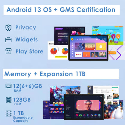 ZIOVO 10-inch Android 13 tablet, 12GB RAM+128GB ROM (expandable up to 1TB), 5G WiFi, BT 5.0, Octa-Core 2.0 GHz, 5+8 MP cameras, AGPS, 6000 mAh battery, Parental Control, tablets with Eva Case - Blue.