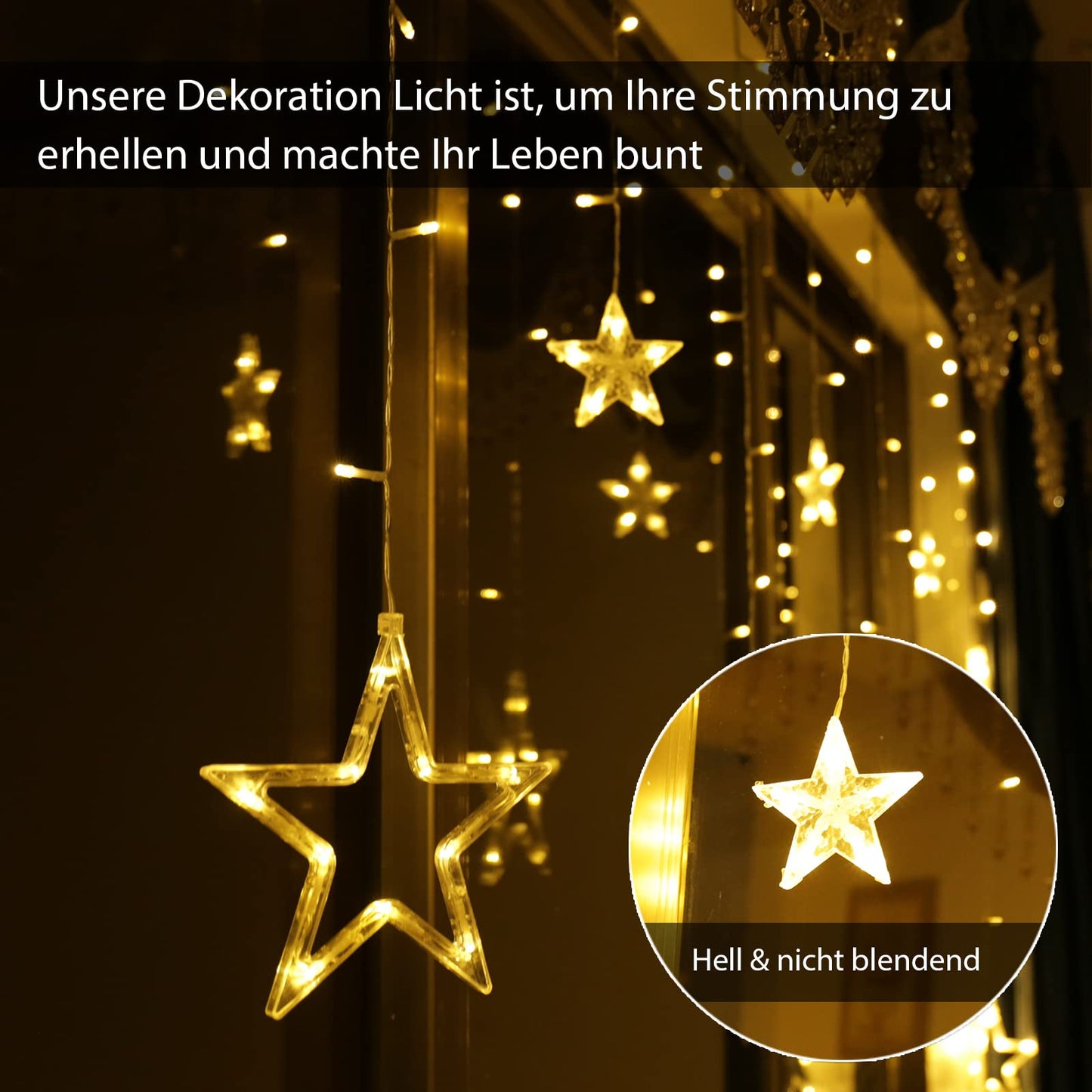 12 Star LED String Lights, Curtain Light Christmas Lights Star Curtain 138 LEDs 8 Modes for Indoor Outdoor, Christmas, Party, Decor, Wedding, Garden, Balcony