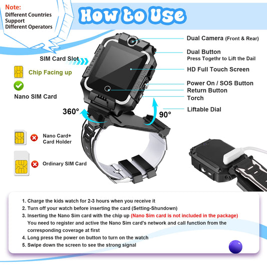 Children's GPS tracker smartwatch for boys and girls, 4G video & phone call with 360° rotation, kid's GPS watch for 4-12 years old, perfect for Christmas & birthday gifts (T10 black)