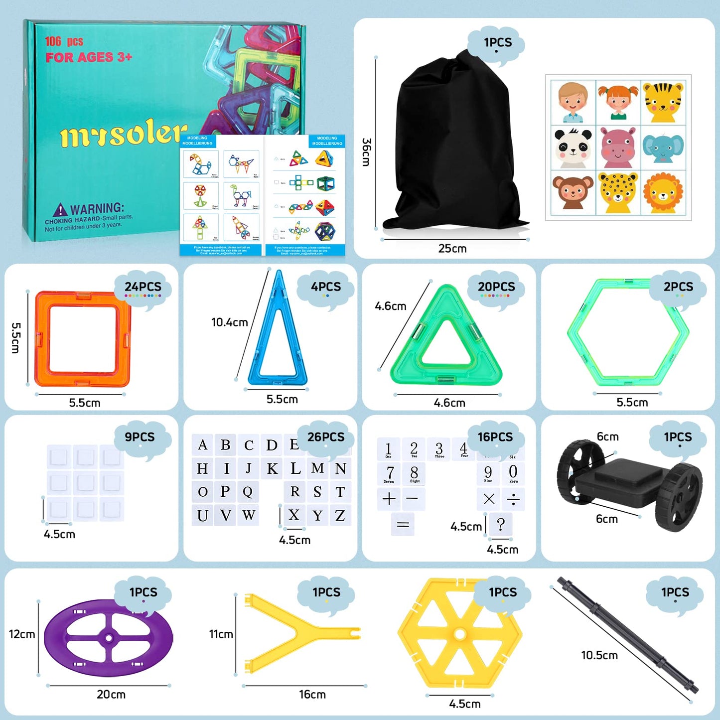 mysoler Magnetic Building Blocks 106 Pieces mini Magnets Kids Magnetic Toys Magnet Toy Magnet Blocks for Children aged 3 and up for Boys and Girls-Learning Toys Birthday Preschool