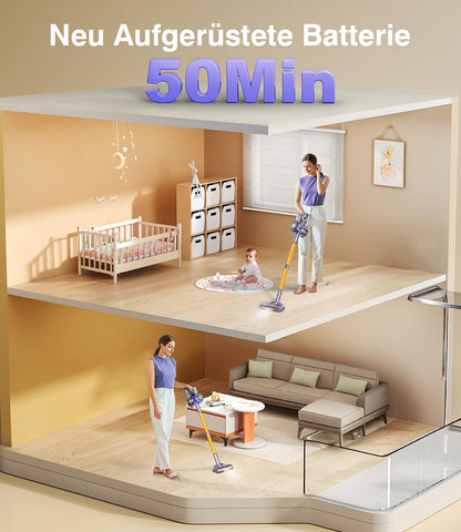 Cordless vacuum cleaner, 40000Pa/450W with smart display. Up to 50 minutes runtime. Comes with automatic mode and anti-tangle brush for carpets, hard floors, and pet hair.
