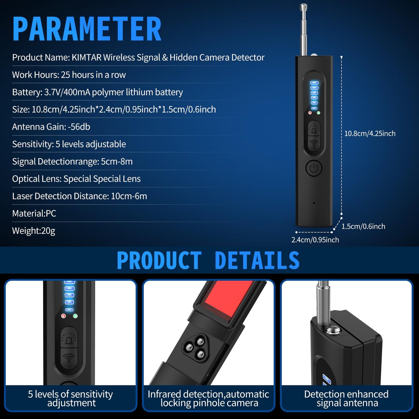 KIMTAR Bug Detector RF Hidden Camera Finder Hidden Camera Detector Anti Recording Detectors GPS Tracker Detector 6 Levels Sensitivity for Hotel Home Office